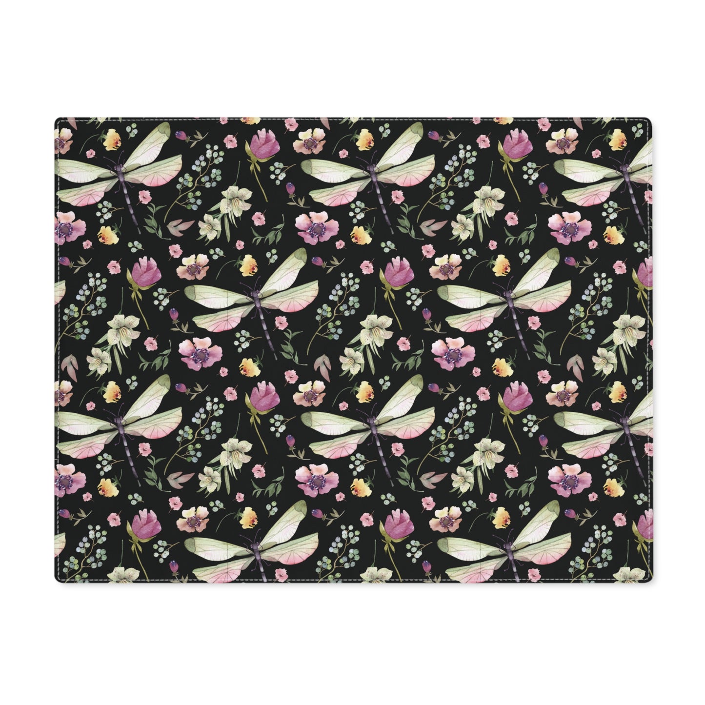 Placemat - Whimsy in Bloom Dragonflies & Floral Elegance Design - Black