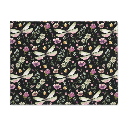 Placemat - Whimsy in Bloom Dragonflies & Floral Elegance Design - Black