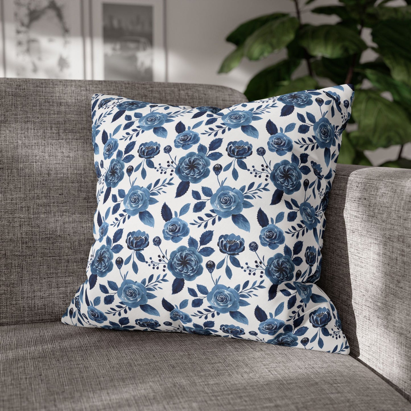 Floral Blue Canvas Pillowcase, Decorative Cushion Cover for Home Decor, Gifts for Her, Throw Pillow Cover, Cozy Living Room Accent
