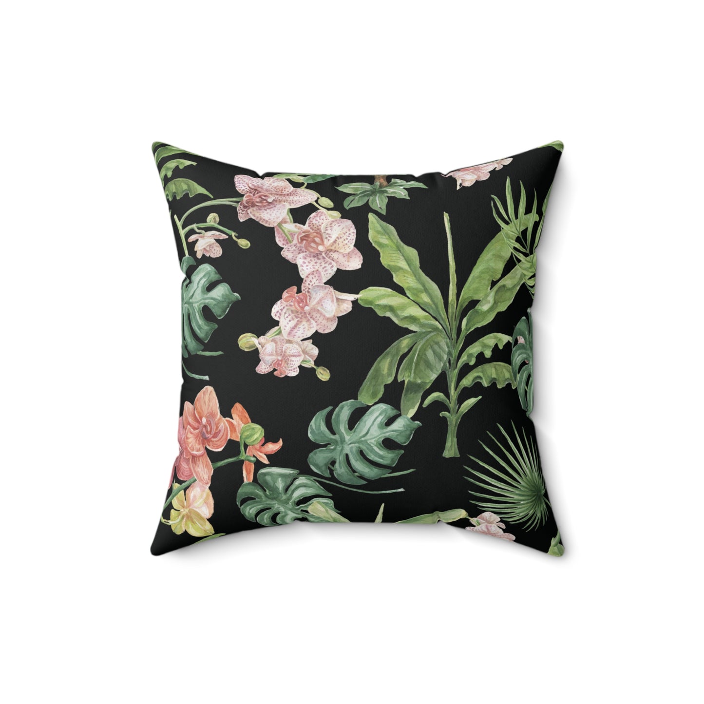 Midnight Orchid Luxe Throw Accent Pillow – Black with Coral Blossoms & Tropical Foliage