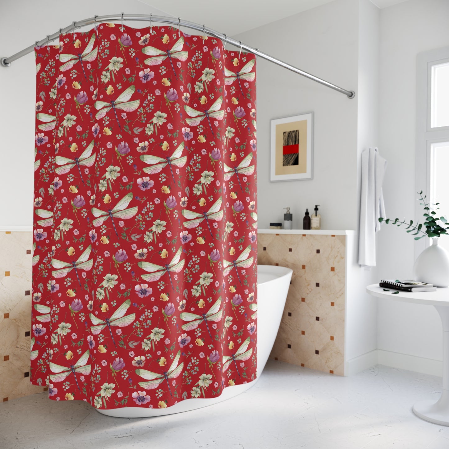 Floral Dragonfly Shower Curtain - Nature-Inspired Bathroom Decor - Deep Red