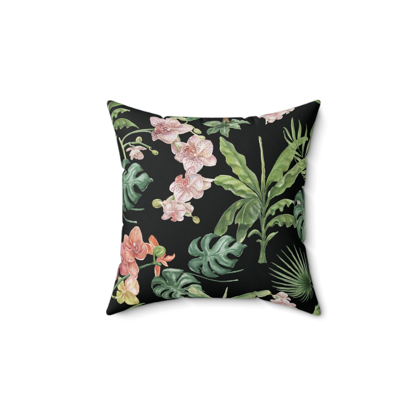 Midnight Orchid Luxe Throw Accent Pillow – Black with Coral Blossoms & Tropical Foliage