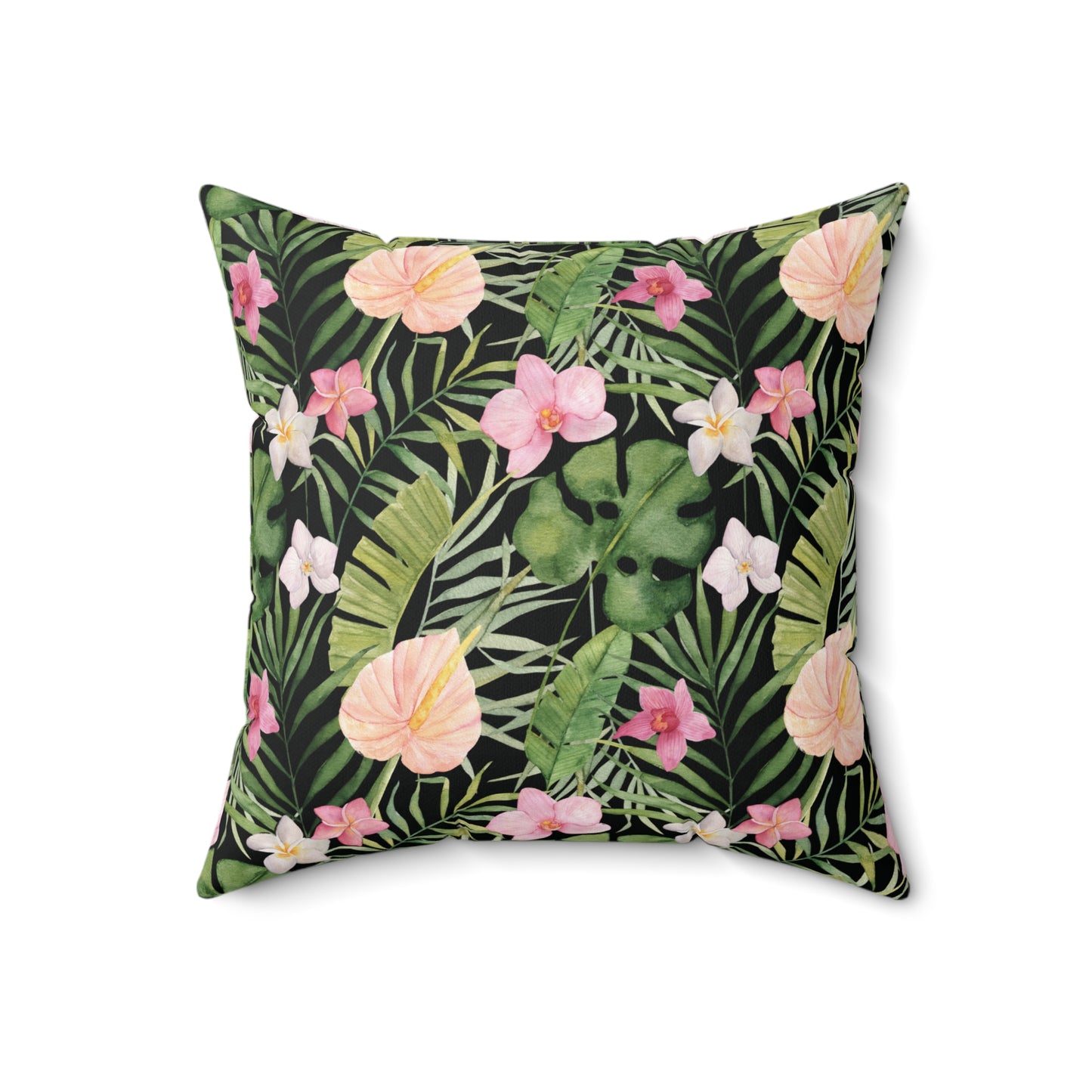 Midnight Orchid Luxe Throw Accent Pillow – Black with Coral Blossoms & Tropical Foliage