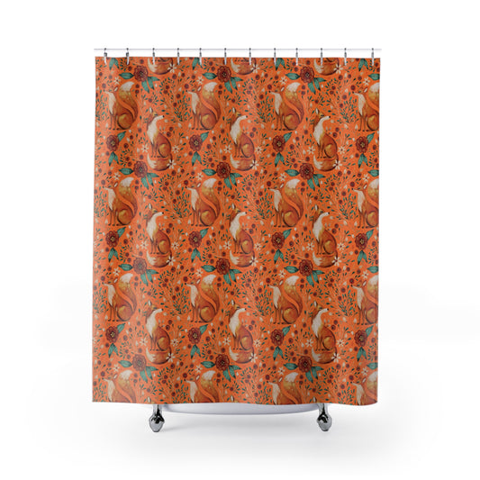 Whimsical Fox Shower Curtain - Nature-Inspired Bathroom Decor - Sunset Orange