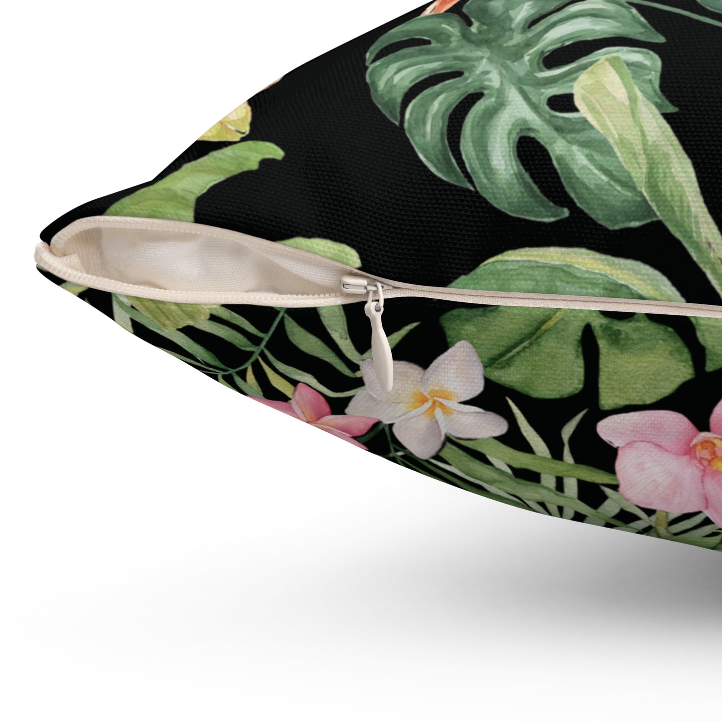 Midnight Orchid Luxe Throw Accent Pillow – Black with Coral Blossoms & Tropical Foliage