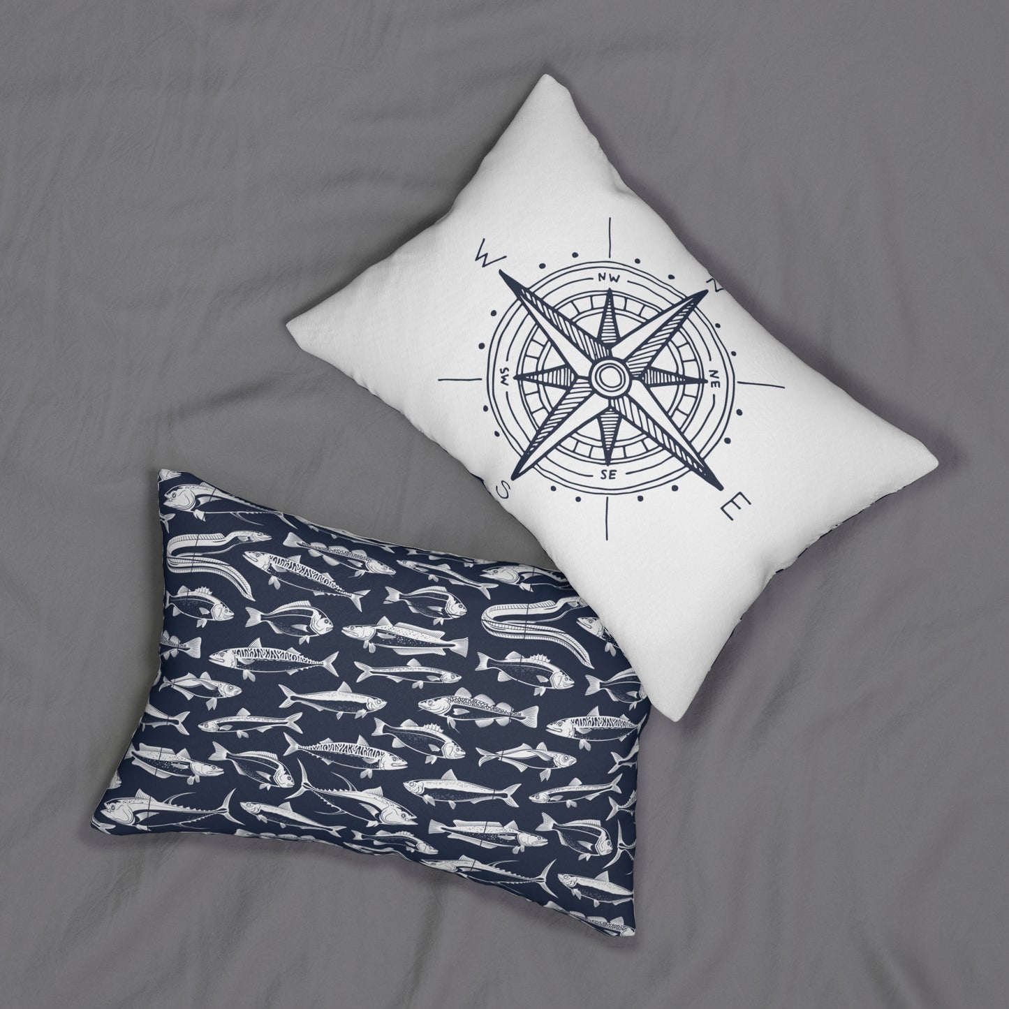 Lumbar Pillow - Nautical Fish Pattern & Nautical Cross Design - Beach Lover Decorative Cushion