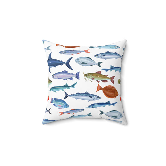 Colorful Fish and Plaid Square Pillow | Home Decor, Nautical Accent, Fishing Gift, Cozy Living Room, Seasonal Decoration