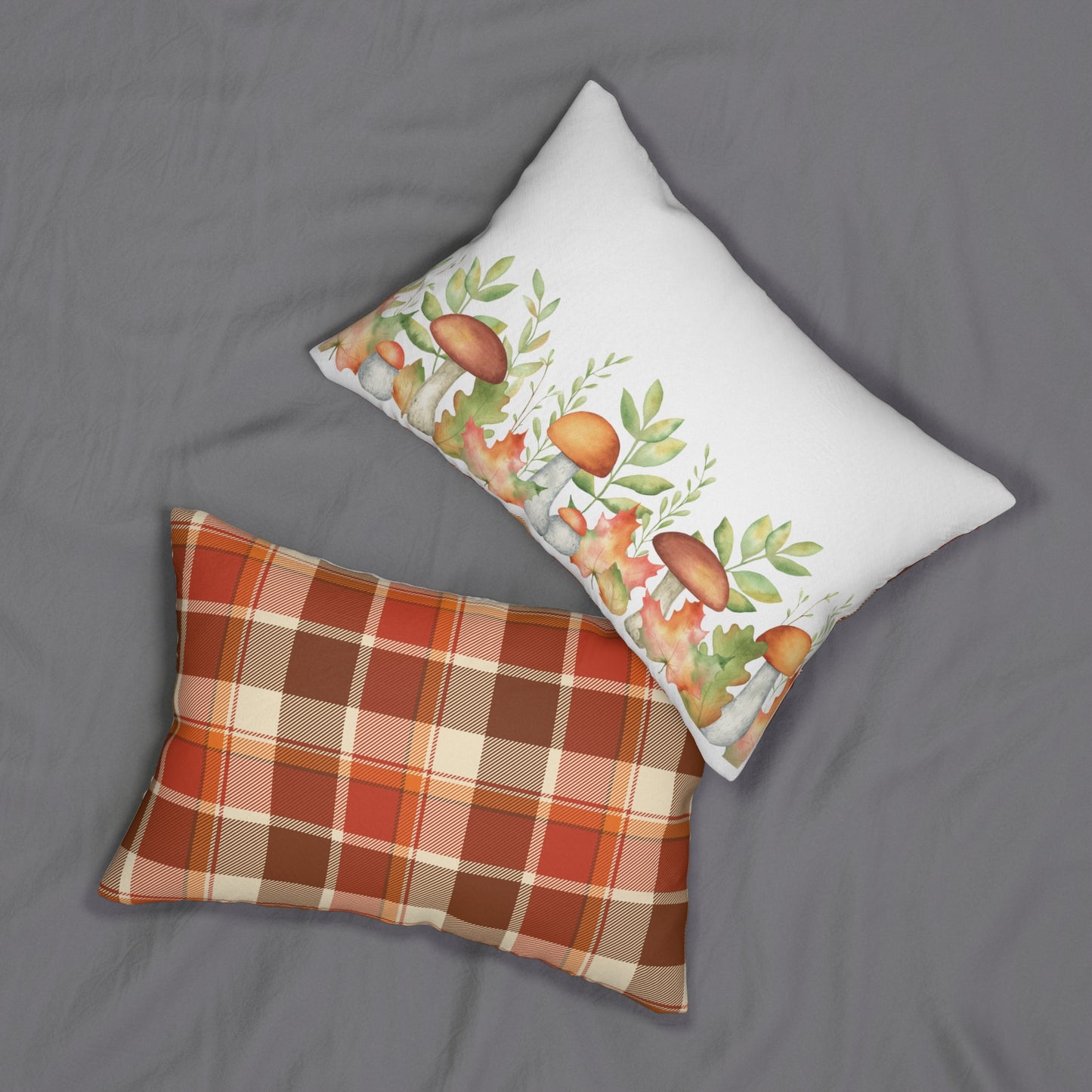 Cozy Autumn Lumbar Pillow, Fall Decor, Mushroom and Plaid Pillow, Seasonal Home Accents, Boho Cushion