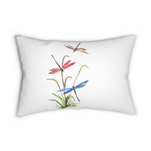 Botanical Lumbar Pillow with Dragonflies and Wildflowers, Decorative Pillow, Home Decor, Gift for Garden Lovers, Spring Accent Cushion