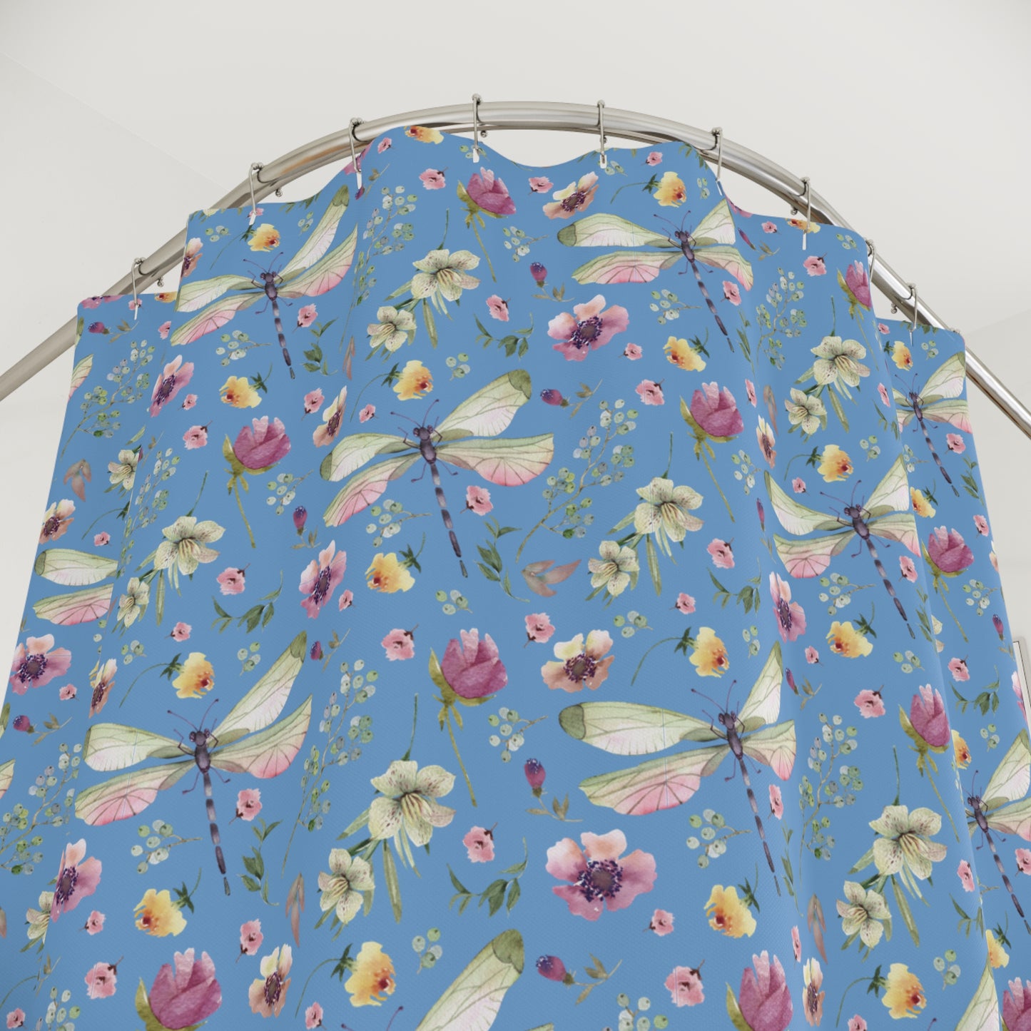 Floral Dragonfly Shower Curtain - Nature-Inspired Bathroom Decor - Blue