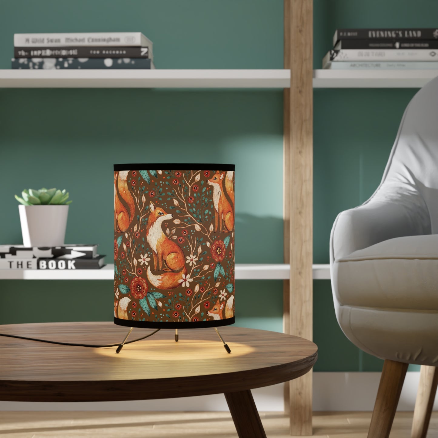 Whimsical Fox Tripod Lamp - High-Res Printed Shade for Cozy Decor - Mocha