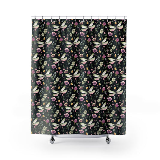 Floral Dragonfly Shower Curtain - Nature-Inspired Bathroom Decor - Black
