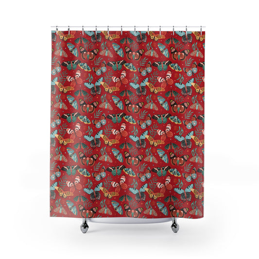 Colorful Butterfly Shower Curtain, Bright Bathroom Decor, Nature-Inspired Gift, Spring Vibes, Boho Bathroom Design, Home Decor - Deep Red