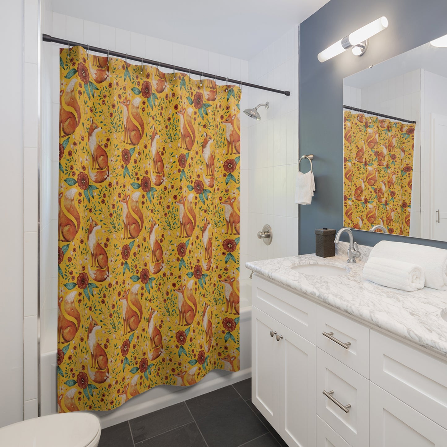 Whimsical Fox Shower Curtain - Nature-Inspired Bathroom Decor - Yellow