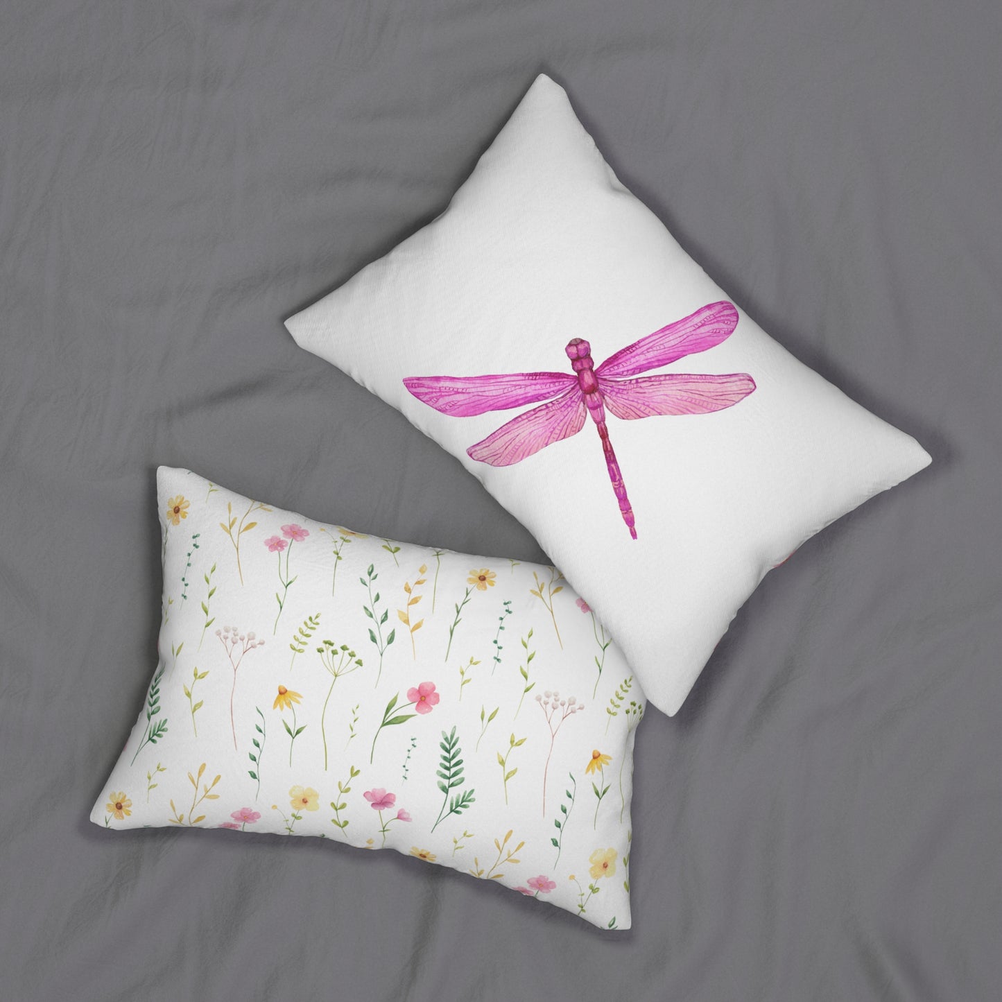 Floral Lumbar Pillow with Pink Dragonfly Design, Decorative Pillow for Home Decor, Gift for Nature Lovers, Couch Cushion, Boho Accent