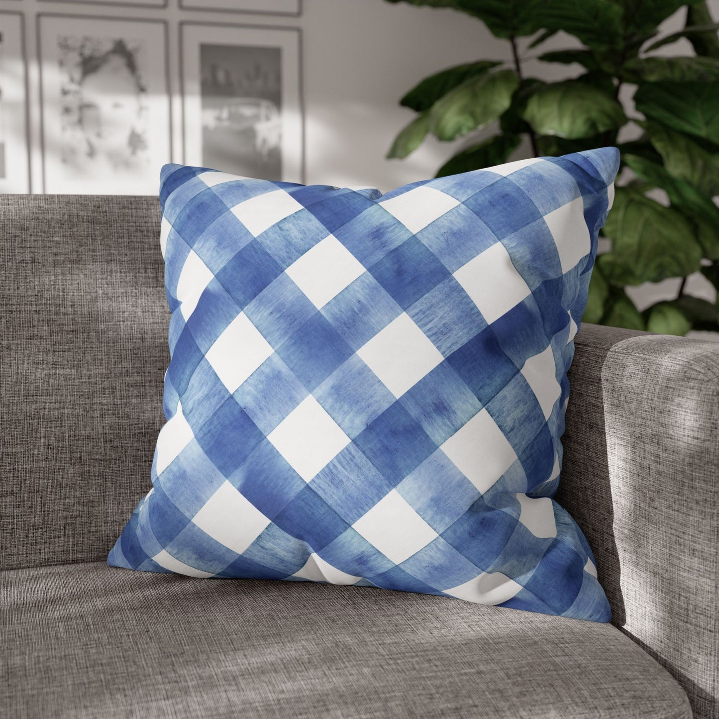 Blue Plaid Poly Canvas Pillowcase, Cozy Home Decor, Farmhouse Cushion, Throw Pillow Cover, Gift for Homeowners