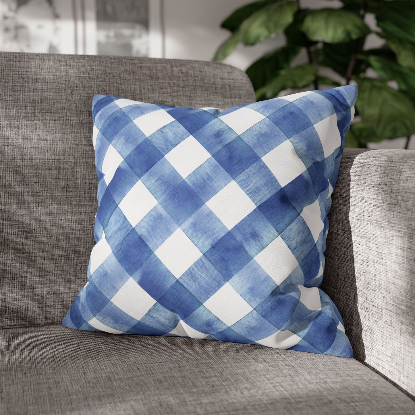 Blue Plaid Poly Canvas Pillowcase, Cozy Home Decor, Farmhouse Cushion, Throw Pillow Cover, Gift for Homeowners