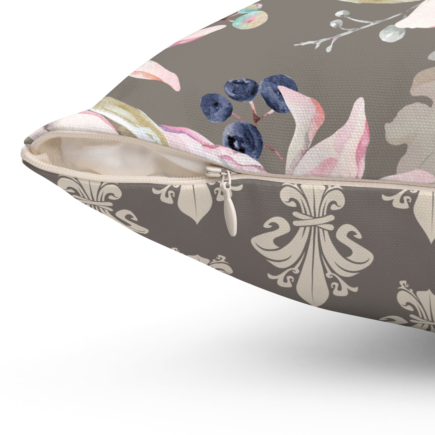 Orchid Bloom Reversible Throw Pillow – Gray & Pink with Royal Pattern Back