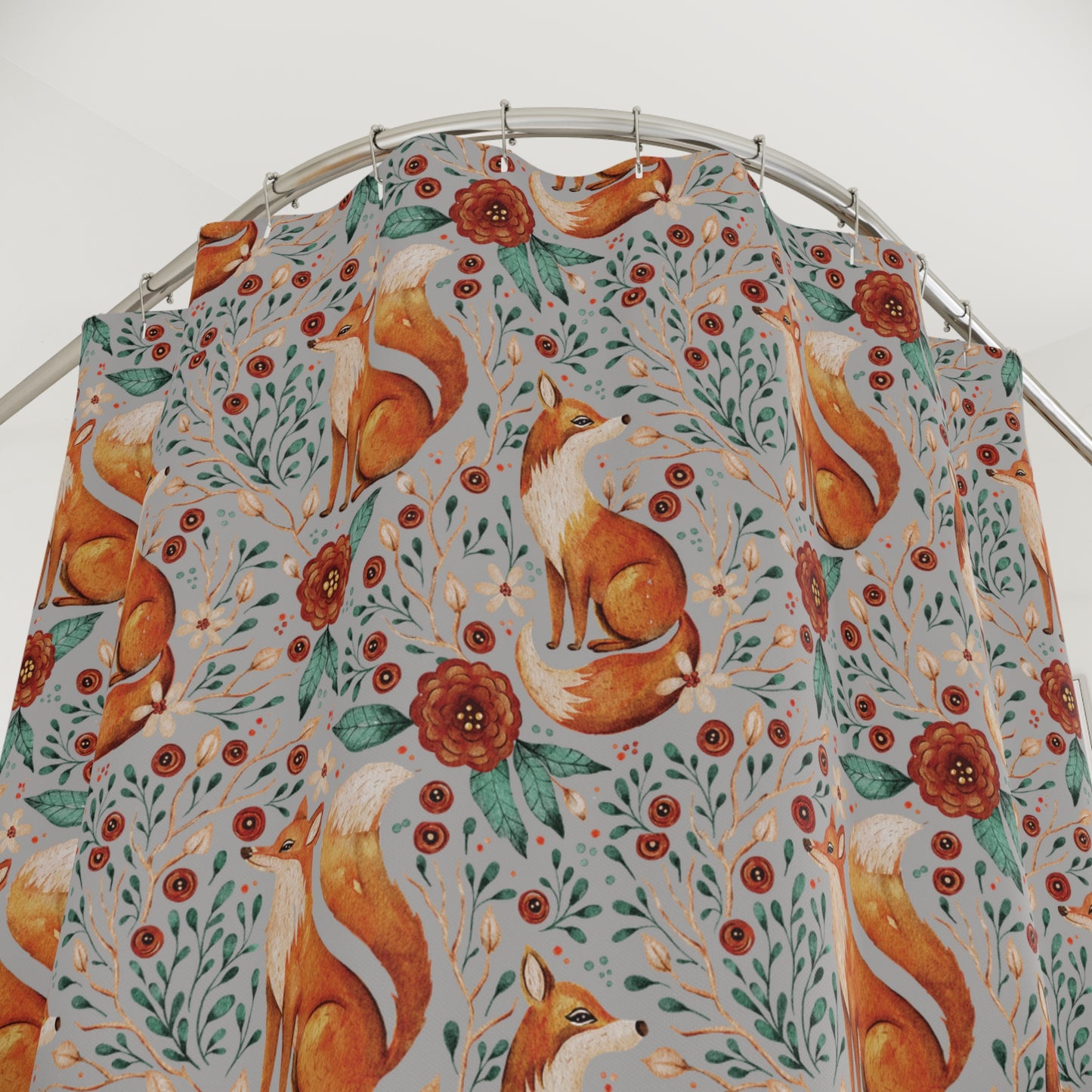 Whimsical Fox Shower Curtain - Nature-Inspired Bathroom Decor - Light Grey