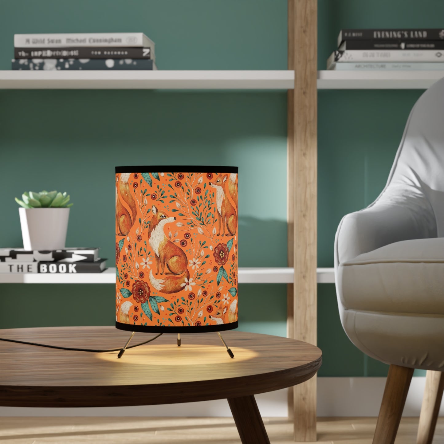 Whimsical Fox Tripod Lamp - High-Res Printed Shade for Cozy Decor - Sunset Orange