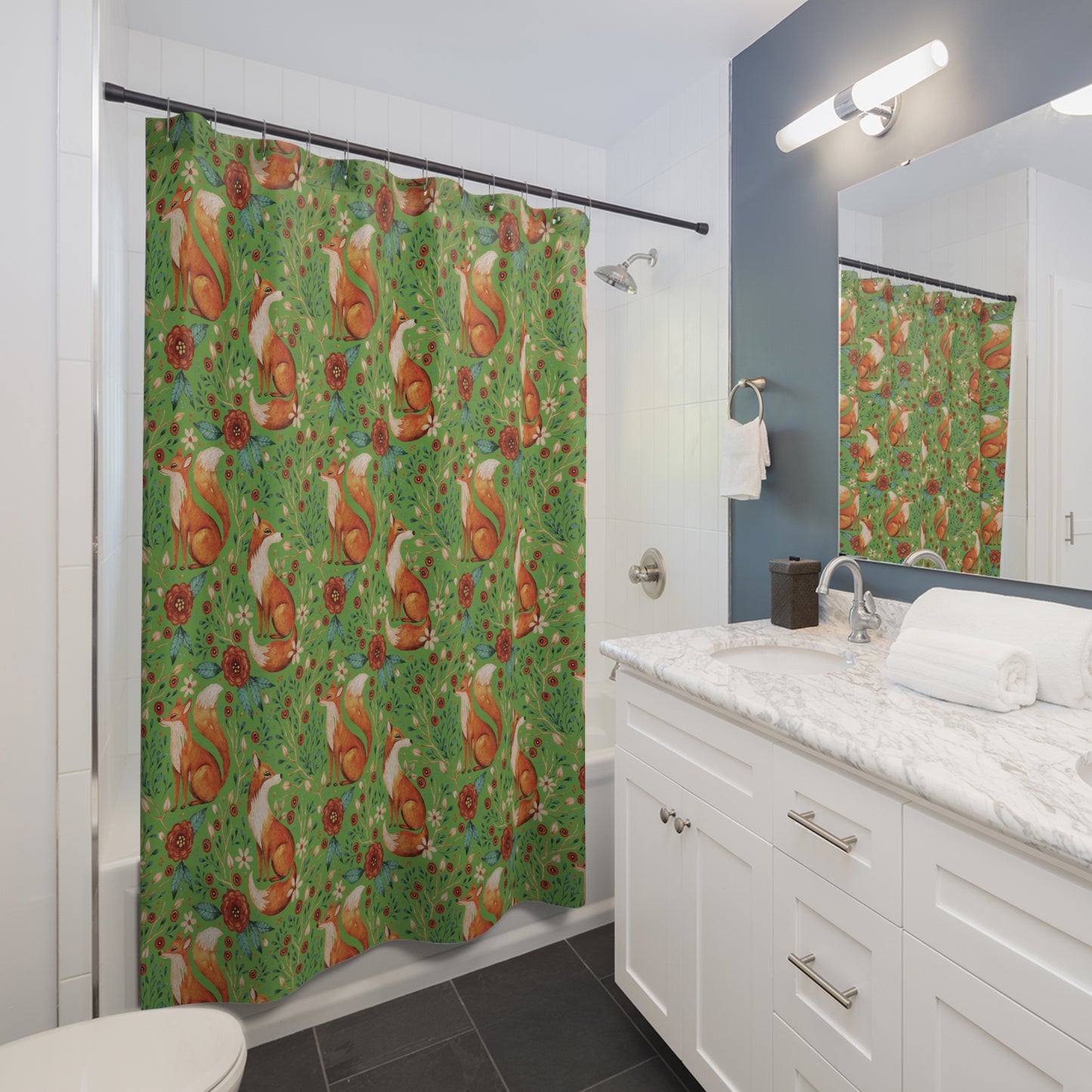 Whimsical Fox Shower Curtain - Nature-Inspired Bathroom Decor - Thyme Green