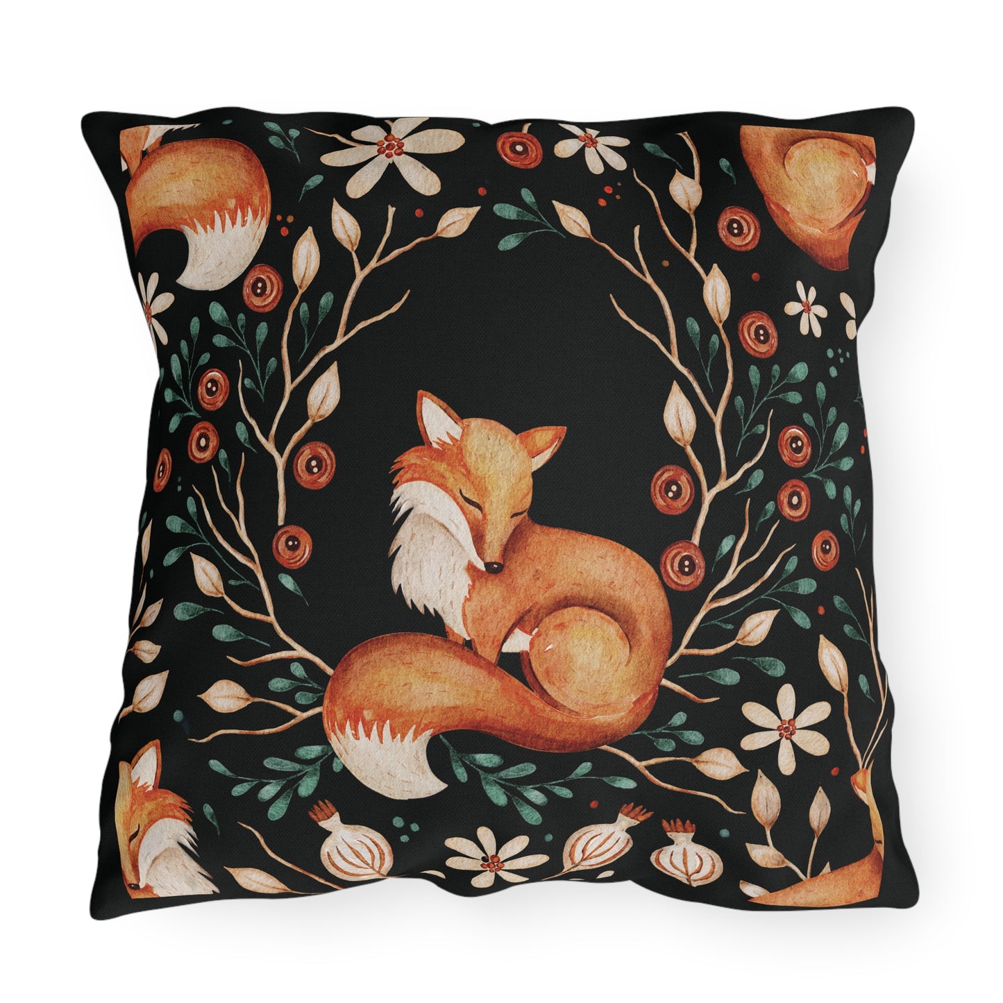 Outdoor/Indoor Pillow: Sleeping Fox with Plaid Print