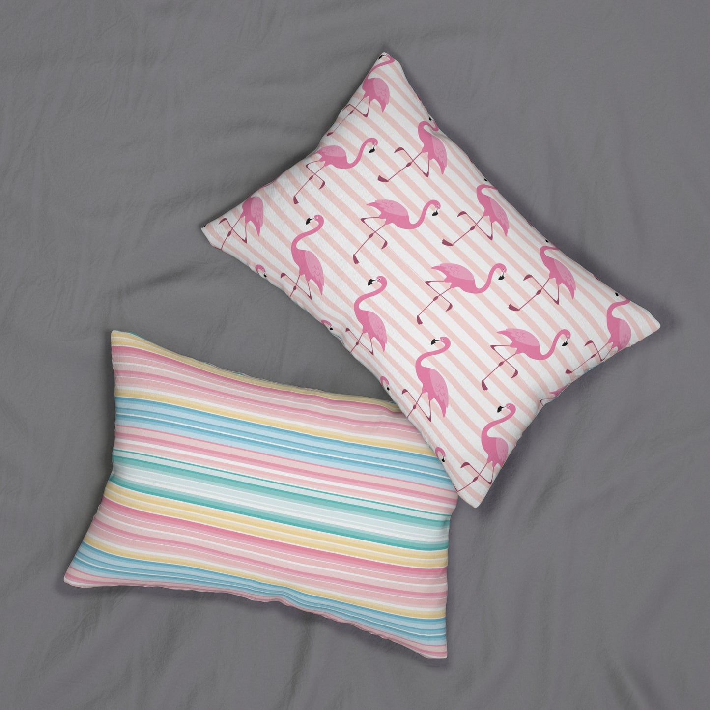 Lumbar Pillow - Tropical Flamingo Decor, Colorful Pink & Stripe Design
