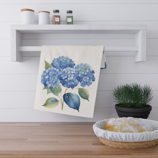 "Blue Hydrangea Tea Towel – Floral Cotton Kitchen Towel, Cottagecore Home Décor, Botanical Dish Towel, Garden-Inspired Gift