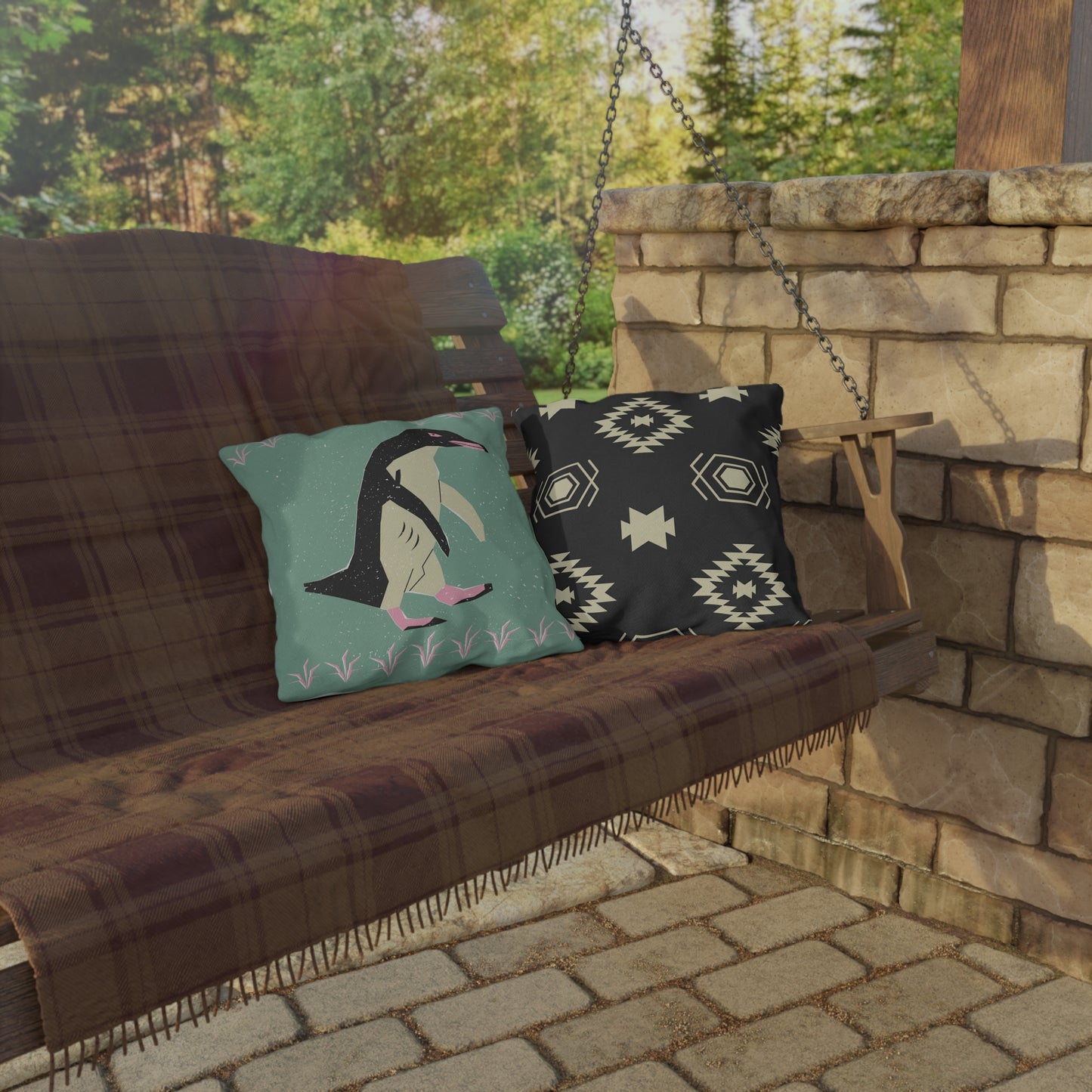 Stylish Outdoor Pillows for Cozy Patios, Penguin Decor, Tribal Pattern Cushion, Summer Accessories, Unique Home Gift