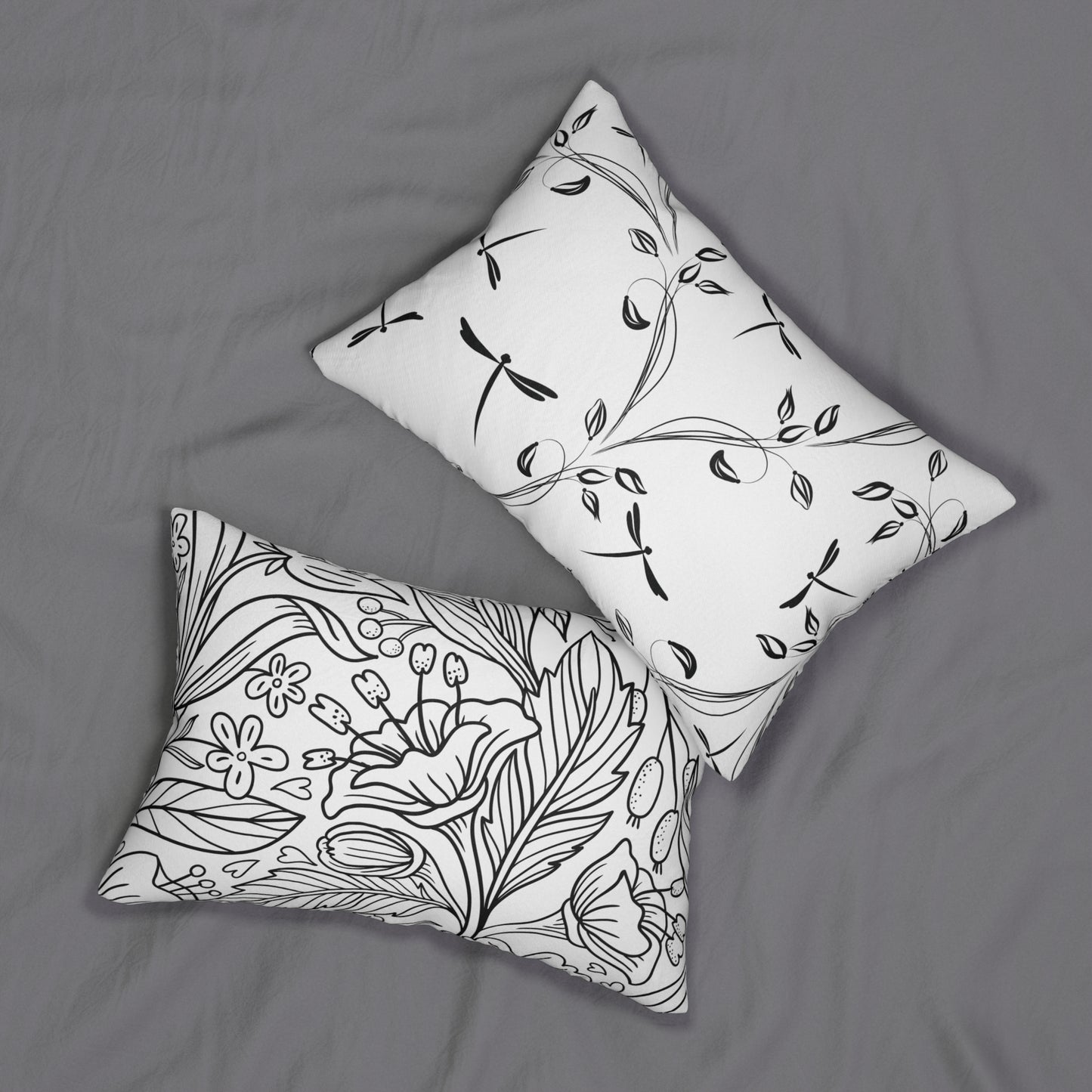 Botanical Black and White Dragonflies Lumbar Pillow - Cozy Home Decor, Floral Accent, Living Room Cushion, Gift for Her, Nature-Inspired Pillow