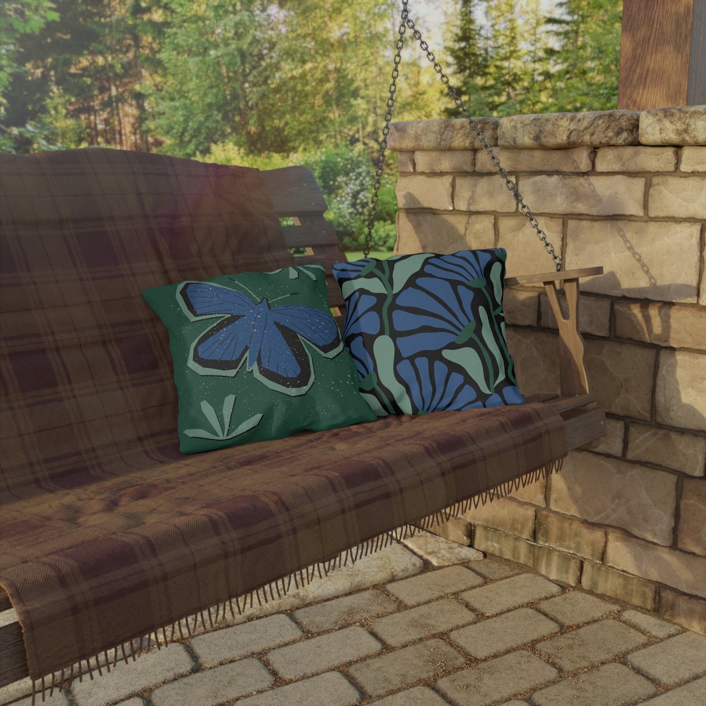 Outdoor Pillow - Blue Butterfly Rustic Matisse Inspired Back Design