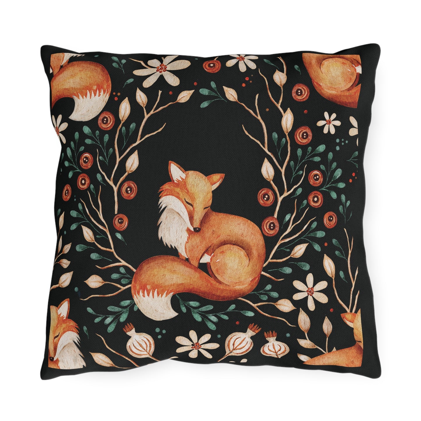 Outdoor/Indoor Pillow: Sleeping Fox with Plaid Print
