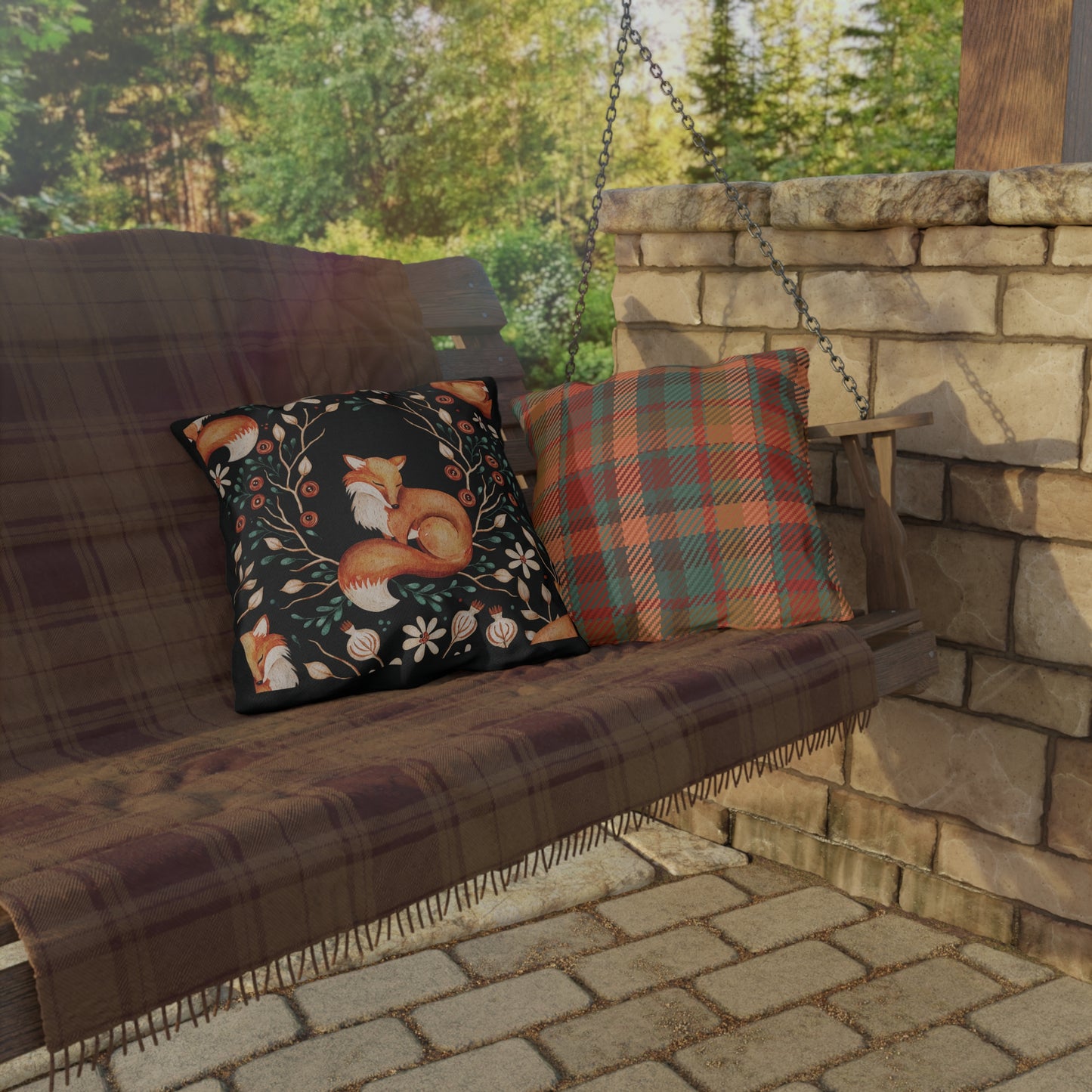 Outdoor/Indoor Pillow: Sleeping Fox with Plaid Print