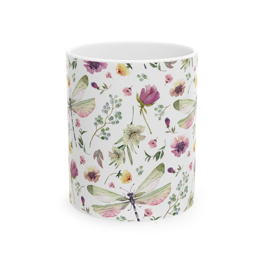 Whimsy in Bloom – Dragonflies & Floral Elegance ,Mug, Ceramic