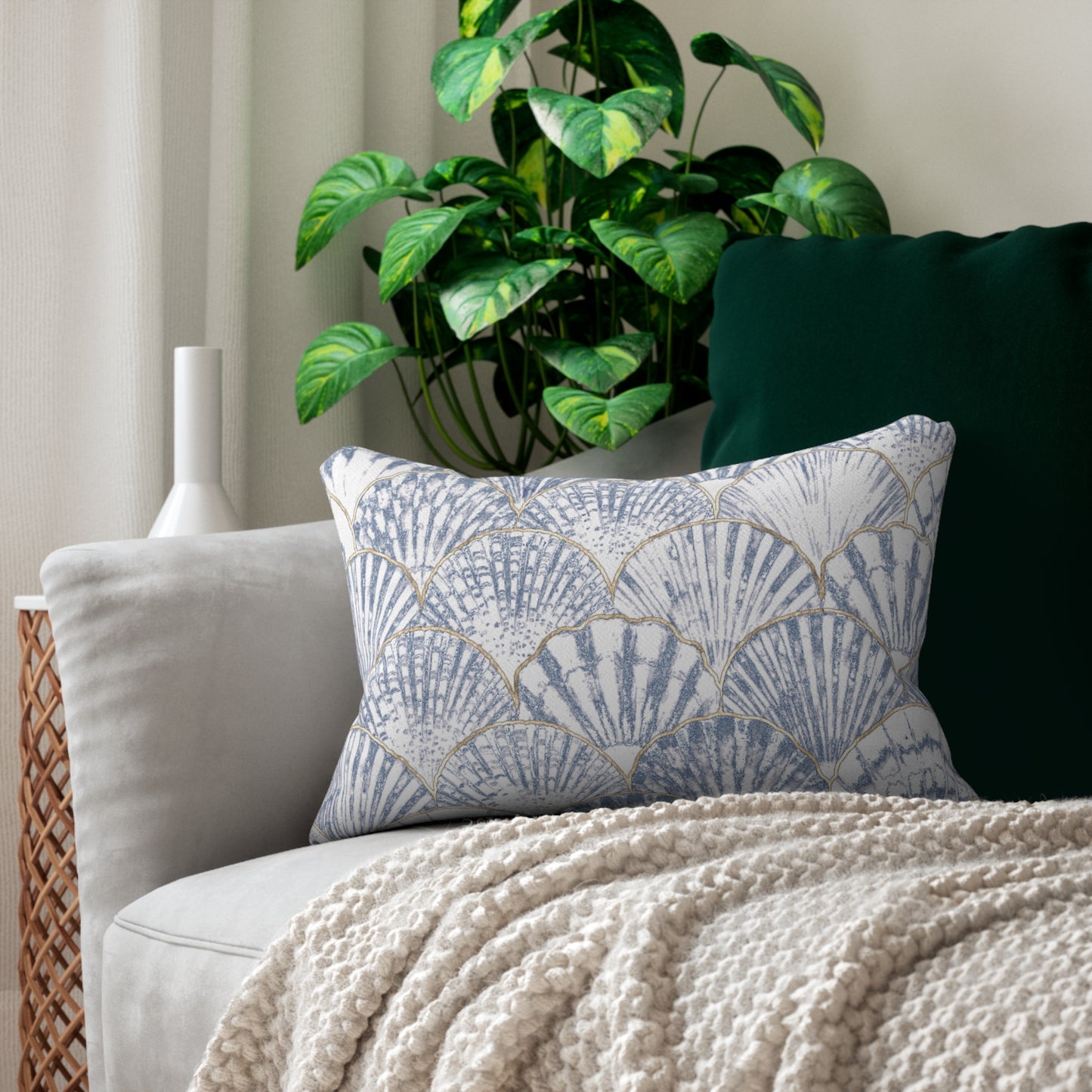 Coastal Chic Mystic Blue Seashells with Gold Lumbar Pillow | Beach Decor, Nautical Home Accents, Relaxing Vibes, Living Room Comfort, Gift for Sea Lovers