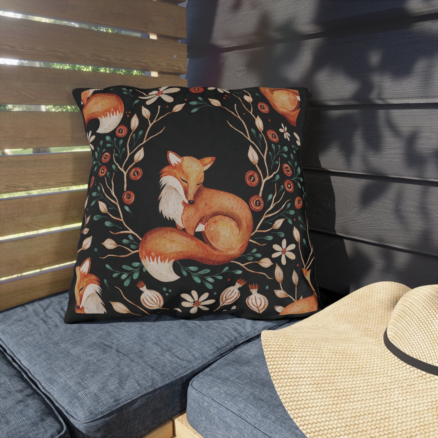 Outdoor/Indoor Pillow: Sleeping Fox with Plaid Print
