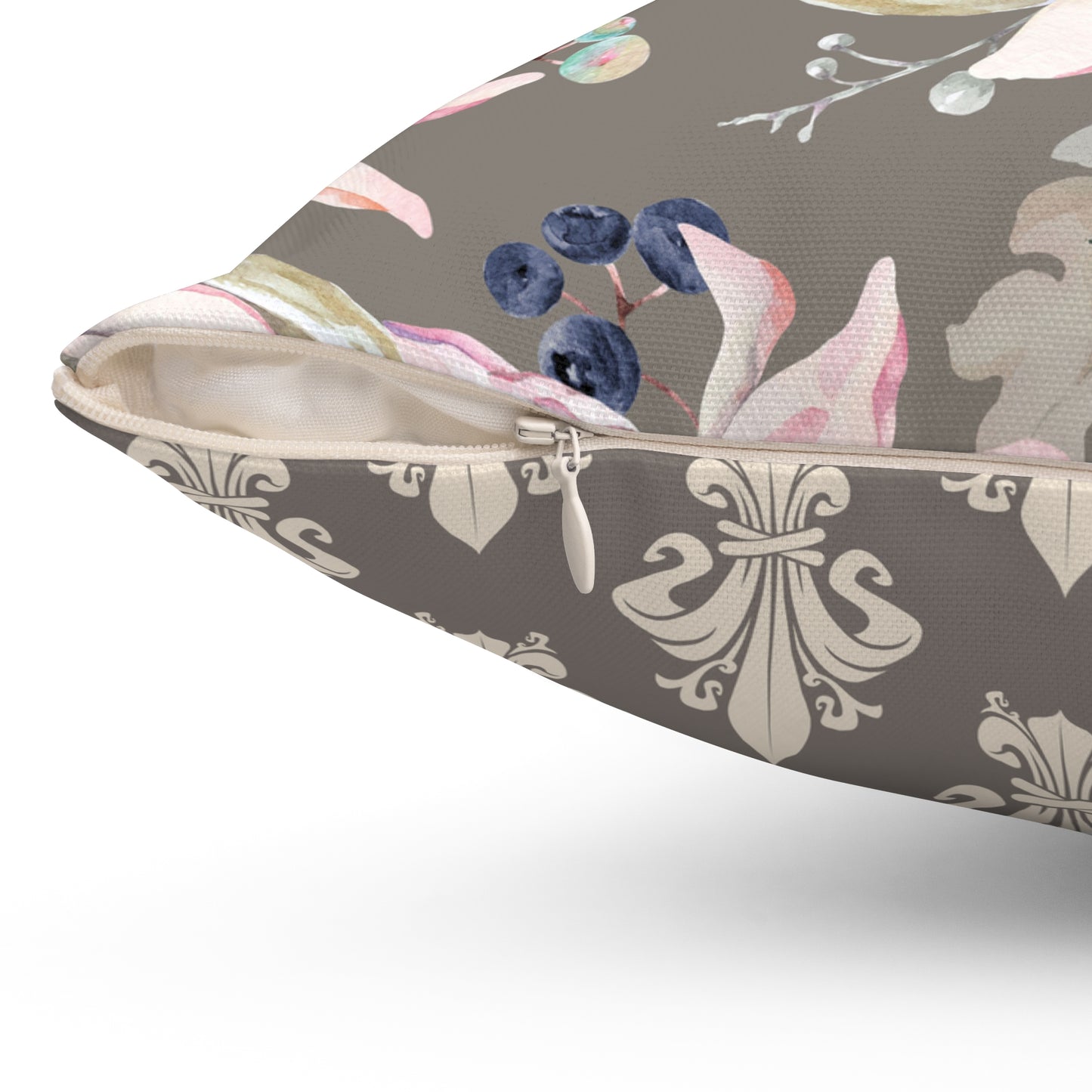 Orchid Bloom Reversible Throw Pillow – Gray & Pink with Royal Pattern Back
