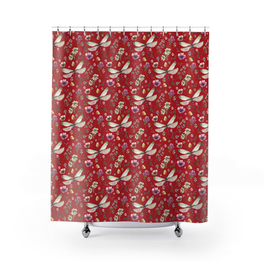 Floral Dragonfly Shower Curtain - Nature-Inspired Bathroom Decor - Deep Red