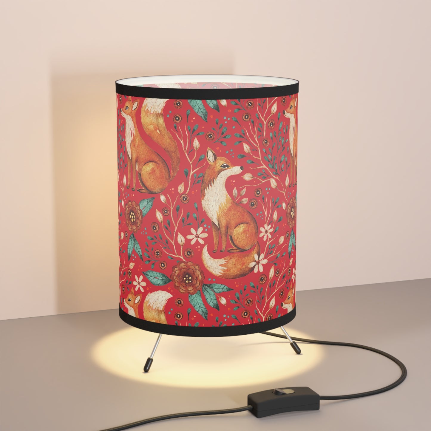 Whimsical Fox Tripod Lamp - High-Res Printed Shade for Cozy Decor - Deep Red
