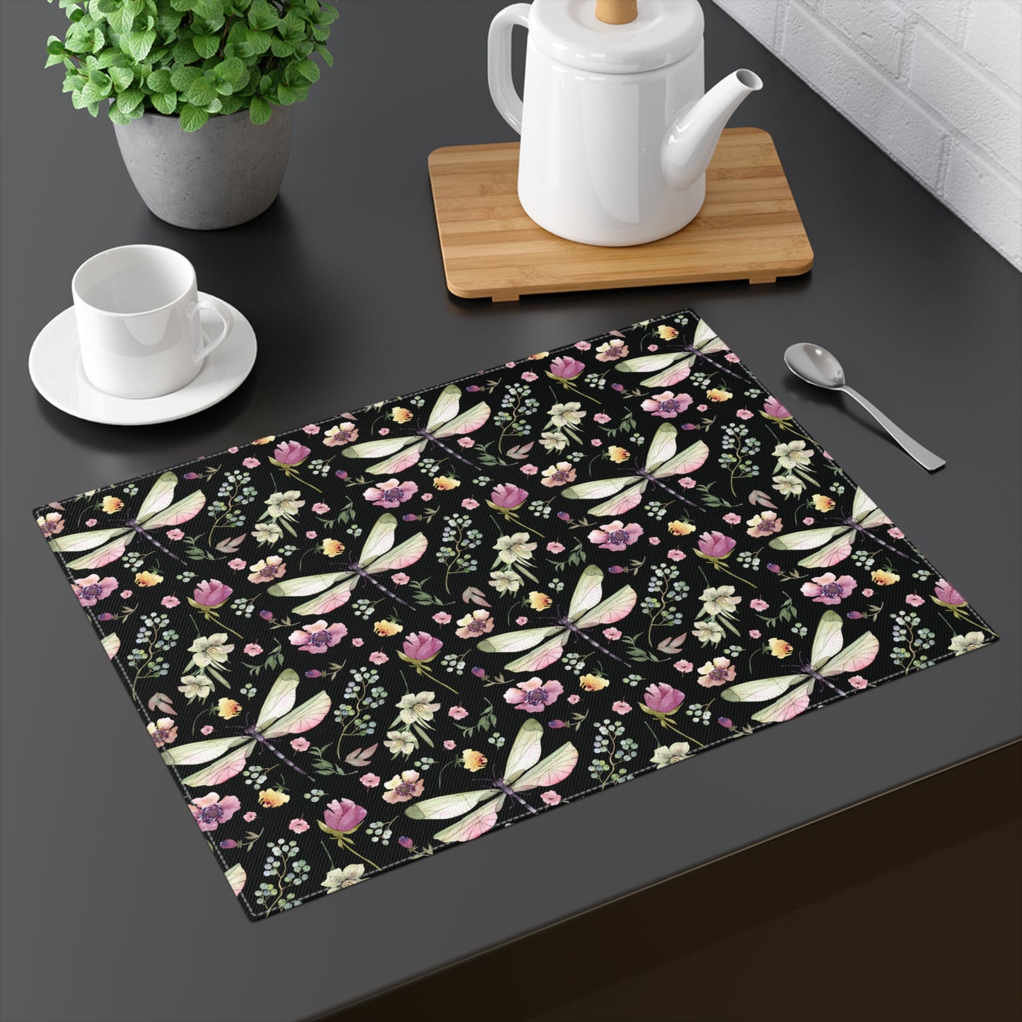 Placemat - Whimsy in Bloom Dragonflies & Floral Elegance Design - Black
