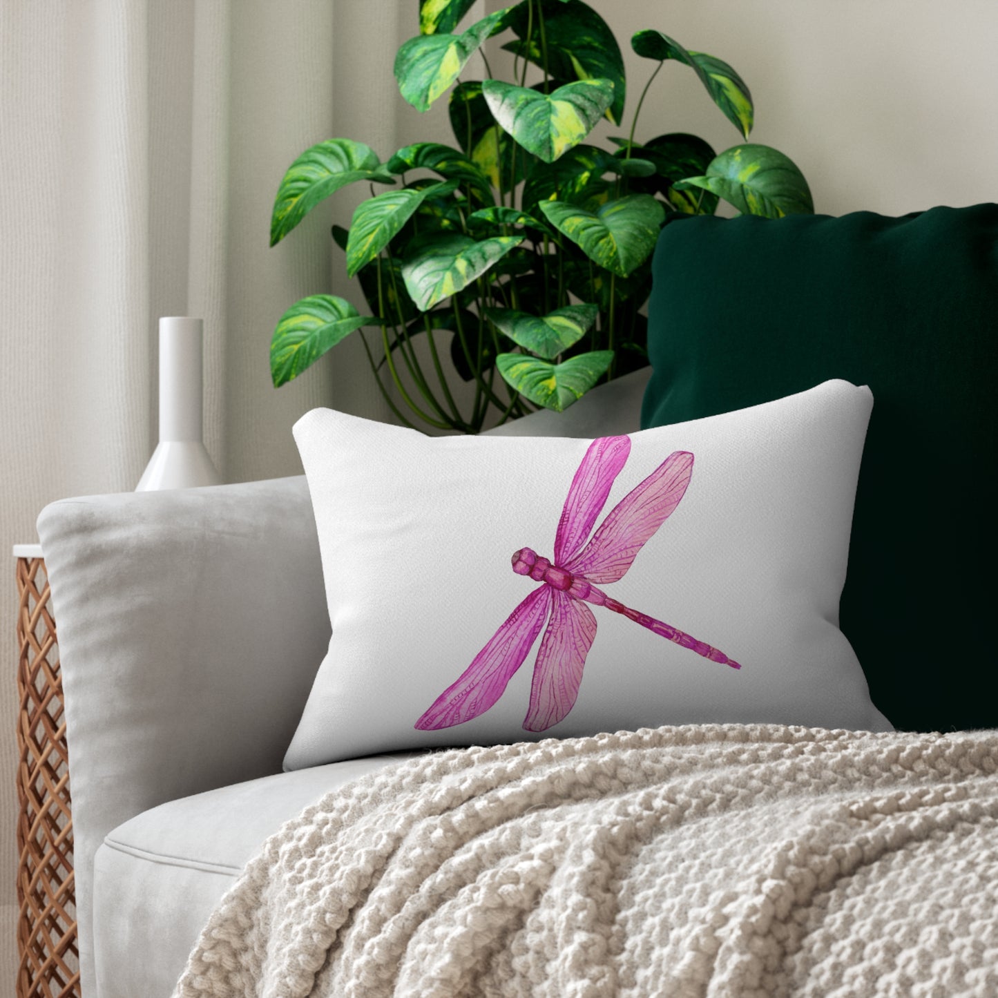 Floral Lumbar Pillow with Pink Dragonfly Design, Decorative Pillow for Home Decor, Gift for Nature Lovers, Couch Cushion, Boho Accent