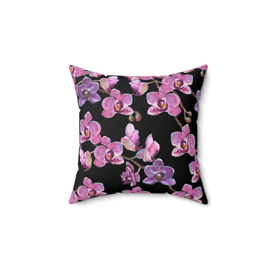 Velvet Orchid Reverie Throw Pillow – Vibrant Purple & Mauve Blossoms on Black & Damask Square Accent Throw Pillow, Home Decor Accent, Gift for Her, Cozy Living Room, Throw Pillow, Modern Couch Cushion