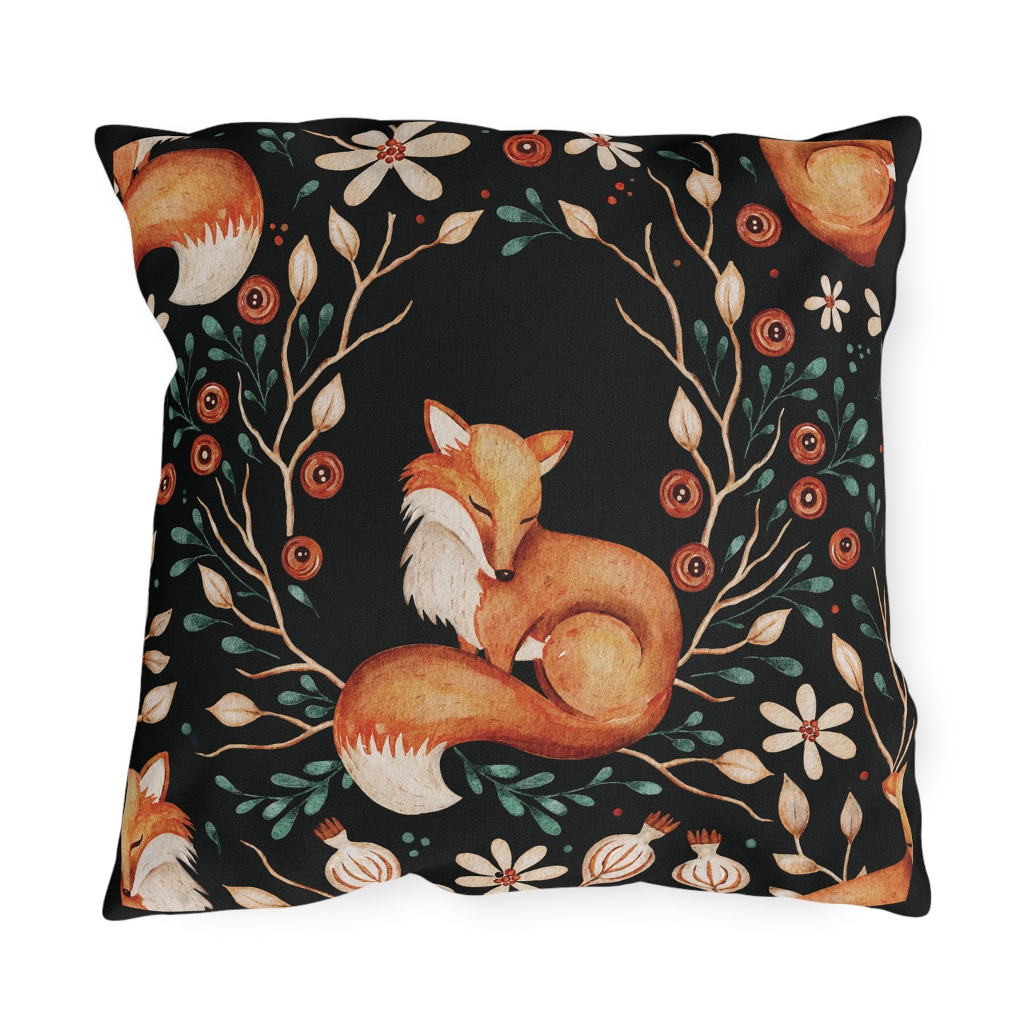Outdoor/Indoor Pillow: Sleeping Fox with Plaid Print