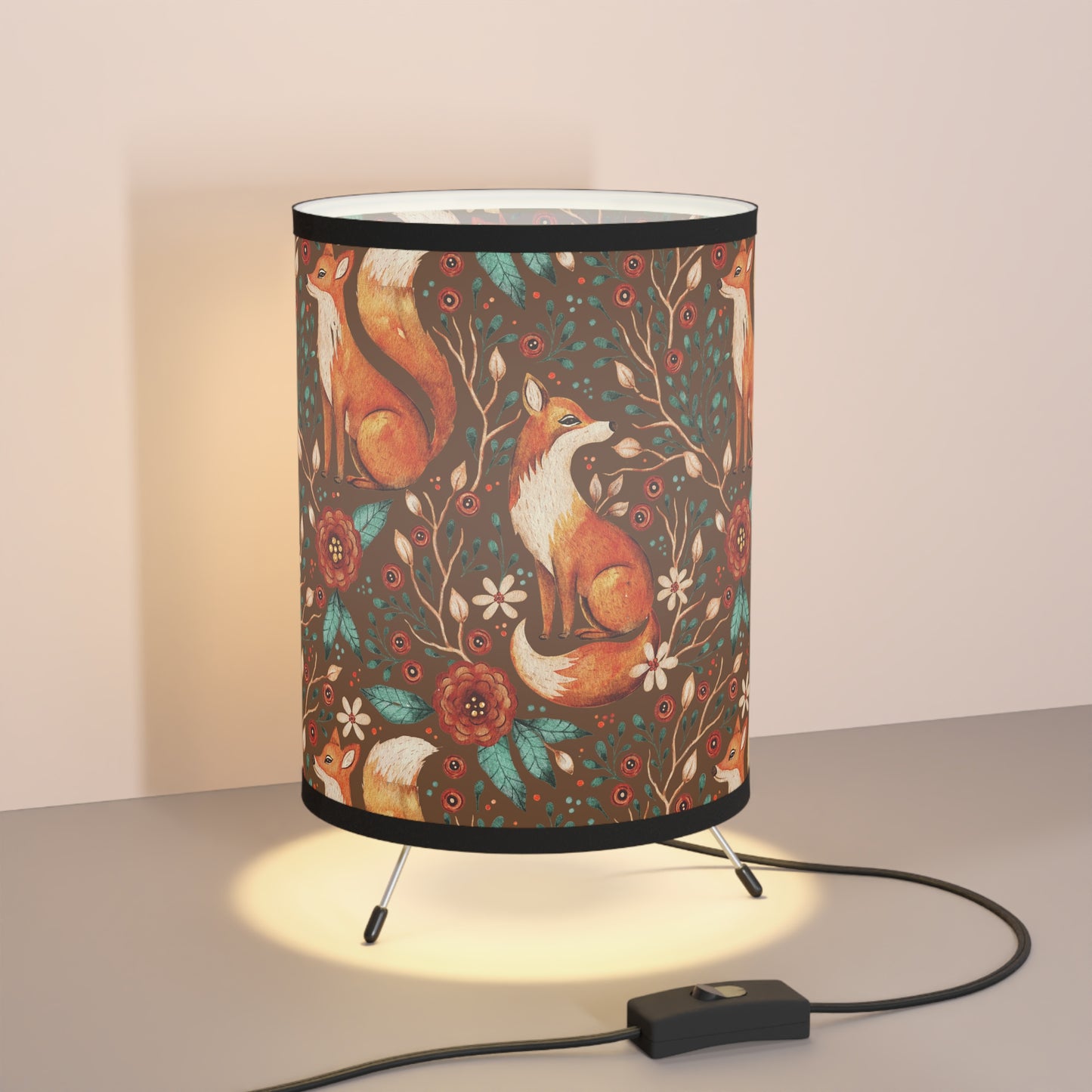 Whimsical Fox Tripod Lamp - High-Res Printed Shade for Cozy Decor - Mocha