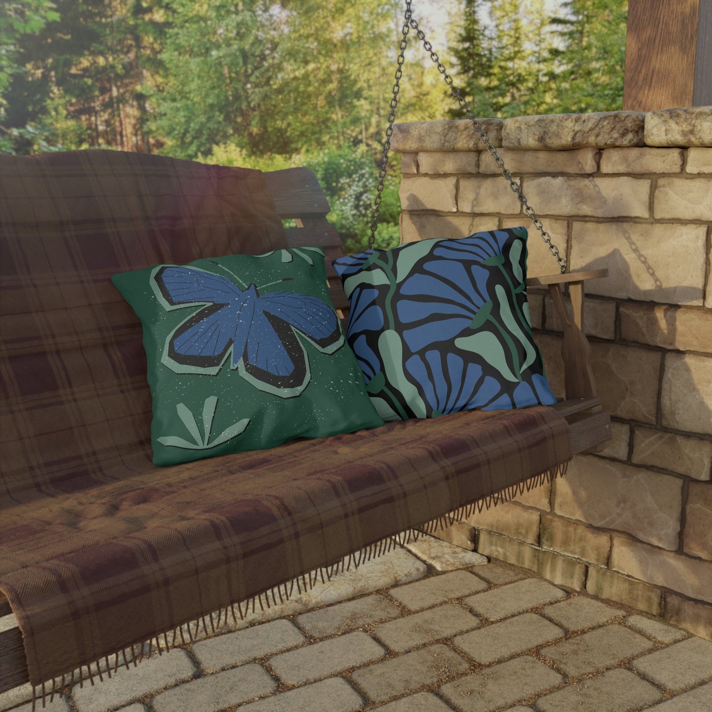 Outdoor Pillow - Blue Butterfly Rustic Matisse Inspired Back Design