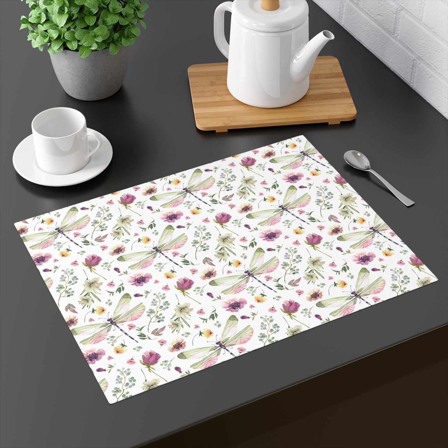 Placemat - Whimsy in Bloom Dragonflies & Floral Elegance Design - Available in Four Elegant Hues