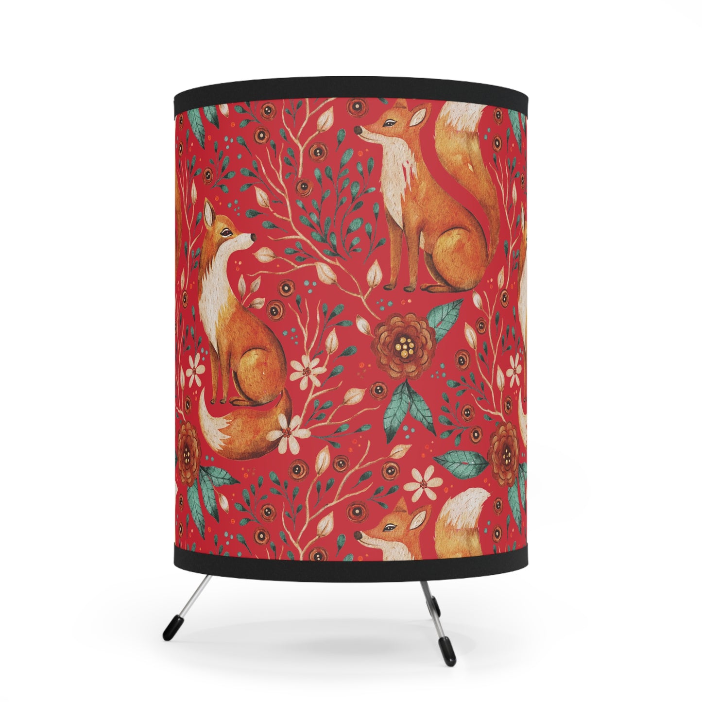 Whimsical Fox Tripod Lamp - High-Res Printed Shade for Cozy Decor - Deep Red
