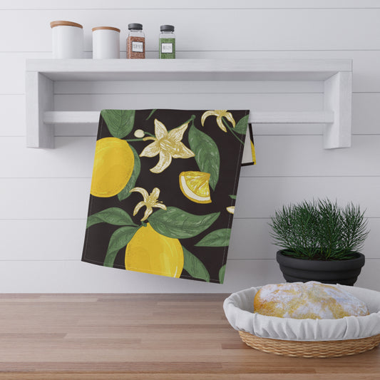 Cotton Tea Towels - Stylish Watercolor Lemon Print with Black Background