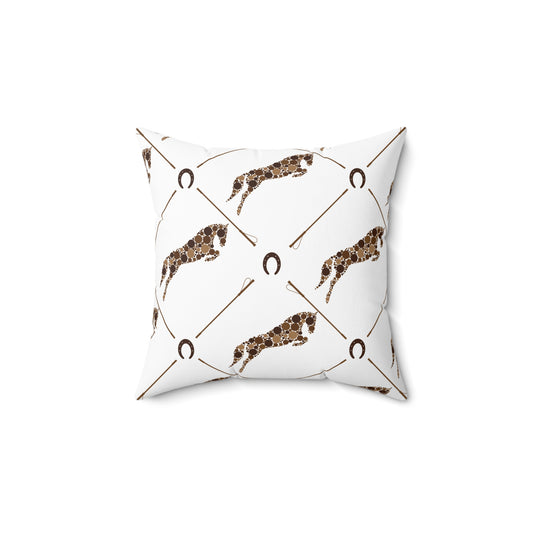 Jumping Horse Throw Pillow with Horseshoes & Whip-Inspired Geometric Pattern Home Accent, Stylish Cushion for Living Room, Birthday Gift, Animal Lovers