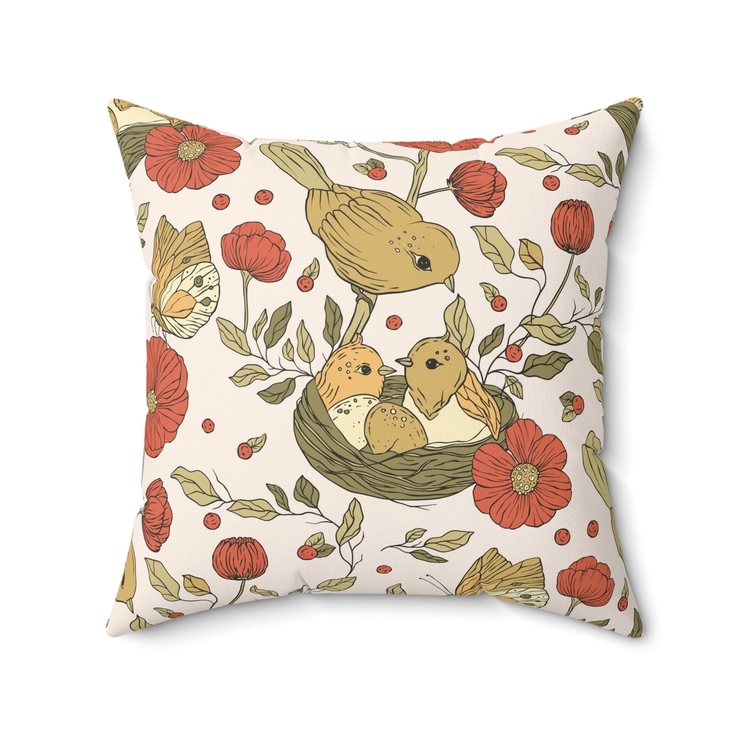 Throw Pillow Mother Sparrow and Nesting Twins Chic Decorative Pillow, Cozy Home Decor, Bird and Floral Cushion, Nature-Inspired Accent, Perfect Gift for Any Occasion